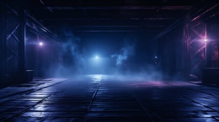 Urban noir: mysterious dark street with neon lights, empty scene, and smoke in studio setting - night view