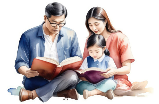 asian parents reading interesting tale to their daughter. education, storytelling, parenting