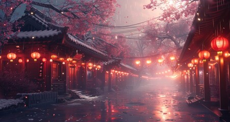 oriental street in winter with red lanterns on the street