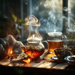 smoke tea and cold tea bowl together tea
