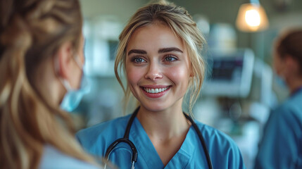 Beautiful nurse smiling at patient - obrazy, fototapety, plakaty