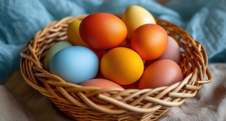 various colored eggs are stacked in baskets