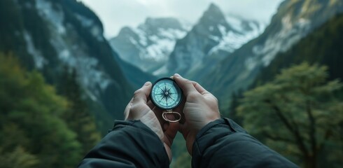 person holding compass with forest and mountains in the background - obrazy, fototapety, plakaty