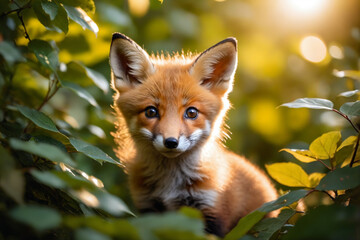 Naklejka premium Close-up portrait of a cute fox cub hidden behind the leaves, looking at camera, cinematic light, selective focus, golden backlight