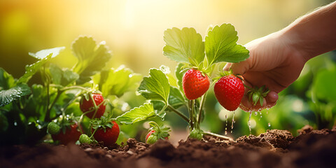 Gentle Harvest: A Hand of Man Picking Luscious Strawberries from a Garden Plant, Nature's Bounty Exploring the Beauty of Natural Strawberries in a Greenhouse Setting generative AI     