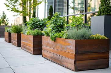 wood raised garden planters are shown in the background