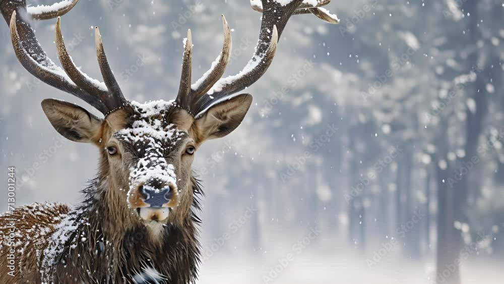 Poster closeup of a powerful stag its magnificent antlers enveloped in a layer of soft powdery snow. each f