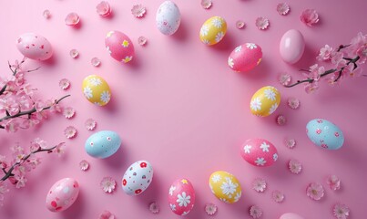 colorful coloured easter eggs are shown on a pink background