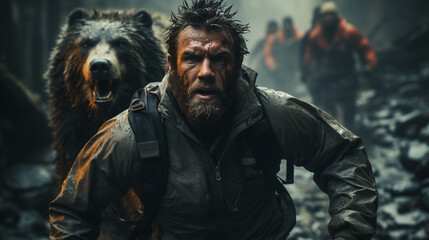 A wild, big dangerous black bear is running after the hunter