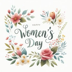Happy Women's Day lettering and floral on white background.	
