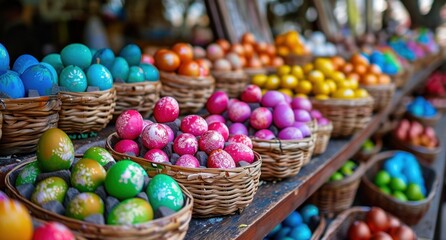 Fototapeta na wymiar many colorful eggs in baskets are on display