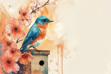 illustration of watercolor bird box with flowers and bluebird