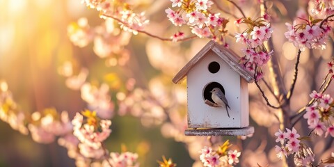 spring birdhouse with spring cherry blossom background - obrazy, fototapety, plakaty