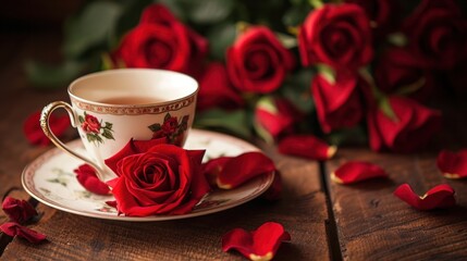 Fototapeta na wymiar table with a tea cup sitting on top of it with red roses