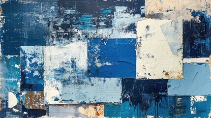 Generative AI, vintage grunge blue and white collage background. Different textures and shapes	
