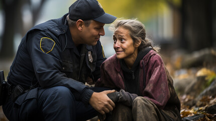 Police. an officer helps an injured woman - obrazy, fototapety, plakaty