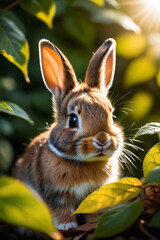 Obraz premium Close-up portrait of a cute baby rabbit behind the leaves, looking at camera, cinematic light, selective focus, golden backlight