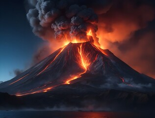 Active volcano erupting with smoke and lava at night. Generative AI