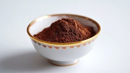 closeup of cocoa powder in a small cup isolated on a white background.