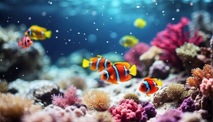 Naklejka na ściany i meble Colourful tropical sea fish swimming over coral reef