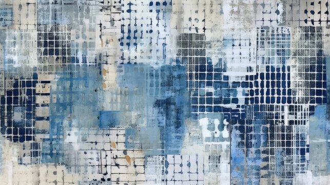 Generative AI, vintage grunge blue and white collage background. Different textures and shapes	
