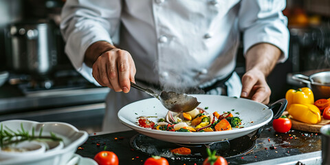 Obraz na płótnie Canvas Professional chef in white uniform cooking