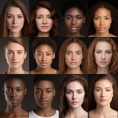 Model management. A series of portraits representing variety and richness of human race. Gene. Women of different skin color. Casting. Beauty of diversity. Collage of phenotypes, ethnicities. Genetics