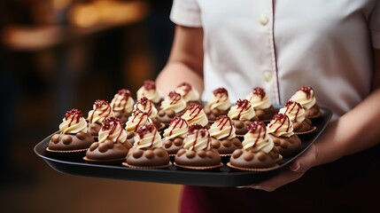 Female waiter serving snacks during coffee break at business event or party