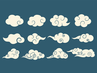 A set of illustrations of Japanese-style cloud silhouettes swirling in various shapes. Japanese cloud pictures Huge collection of clouds for design