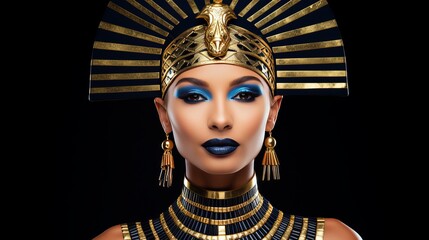 Ancient female egyptian pharaoh statue in traditional attire and regal pose - obrazy, fototapety, plakaty