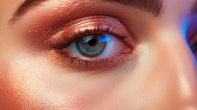 A colorful festival of shimmering eye makeup. Glitter glitter effect, close-up makeup. Image of a woman's eye