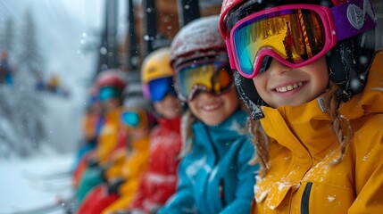 Enthusiastic kids in colorful ski gear enjoy a snowy day. happy children in a winter wonderland. AI