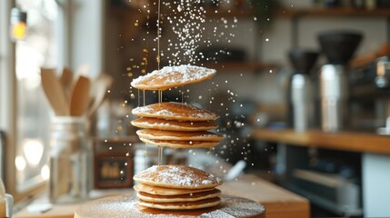 Delicious pancakes with powdered sugar and honey fall on a plate on a scattered kitchen background - obrazy, fototapety, plakaty