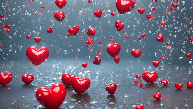  Red hearts and water droplets raining to the ground. Valentines day love and storm for wallpaper background ads or gift wrap and web design and banners cards generated ai
