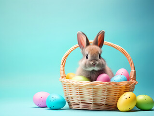 Easter bunny sitting in a basket with colorful Easter eggs - ai generative