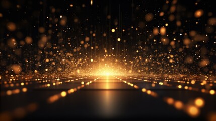Dynamic golden bokeh particles: abstract background for cinematic events, awards, trailers, and concert openers - luxury celebration atmosphere - obrazy, fototapety, plakaty