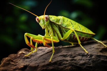 Portrait of an ordinary green mantis on a black background - obrazy, fototapety, plakaty