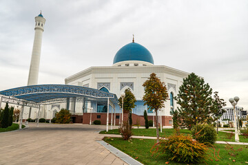 Beautiful white Minor mosque in Tashkent on sunny day, Uzbekistan.