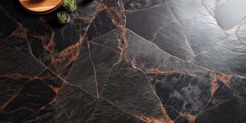 Exotic, rustic ceramic floor tiles with natural black marble pattern, polished granite slice, Italian quartzite texture.
