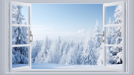 Snowy mountain view through cottage window, christmas nature background for product display