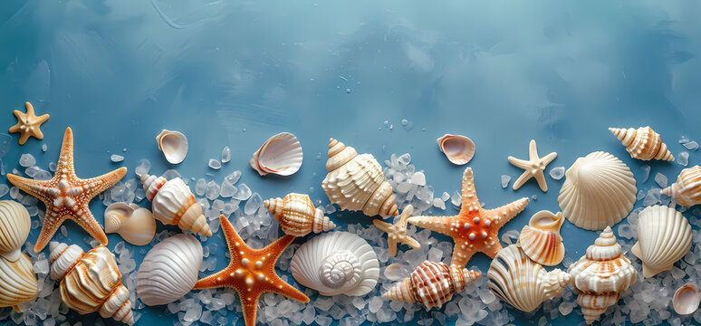 lots of sea shells and starfish on blue wooden background, in the style of spectacular backdrops, cottagepunk, cottagecore, with copyspace banner