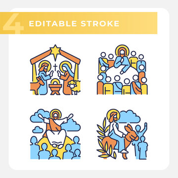 Ministry of Jesus RGB color icons set. Palm sunday and Last Supper. Christian stories. Holy figures. Isolated vector illustrations. Simple filled line drawings collection. Editable stroke