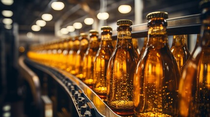 Fototapeta na wymiar Efficiently moving beer bottles on a high tech conveyor belt in a modern beverage factory interior