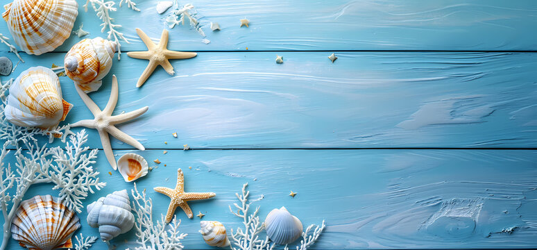 Blue wooden background with sea shells for text copy space, in the style of light aquamarine and beige, lively tableaus, uhd image, aesthetic, simple designs, beach