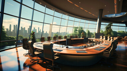 Fototapeta na wymiar Modern Corporate Office with City View and Spacious Meeting Area