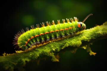 A caterpillar gliding along a branch on a blurred background