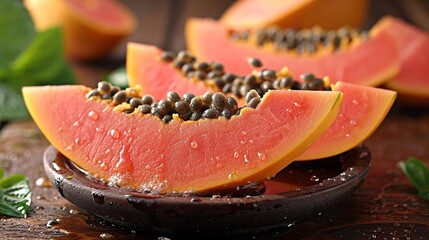 Immerse yourself in the tropical delight of juicy papaya pieces, each showcasing its vibrant color and distinctive seeds.
