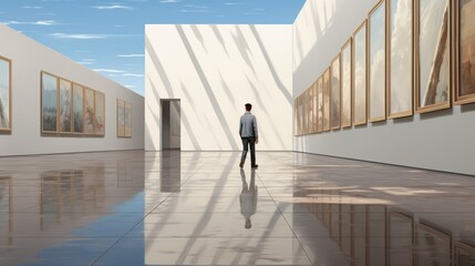 Stylish young man strolling through serene art gallery space with modern aesthetics


