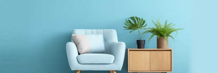 Modern living room interior composition with fluffy armchair, wooden commode and modern home accessories. Blue wall. Template. Copy space. Home staging.