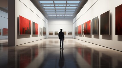 Stylish young man strolling through serene art gallery space with modern aesthetics

 - obrazy, fototapety, plakaty